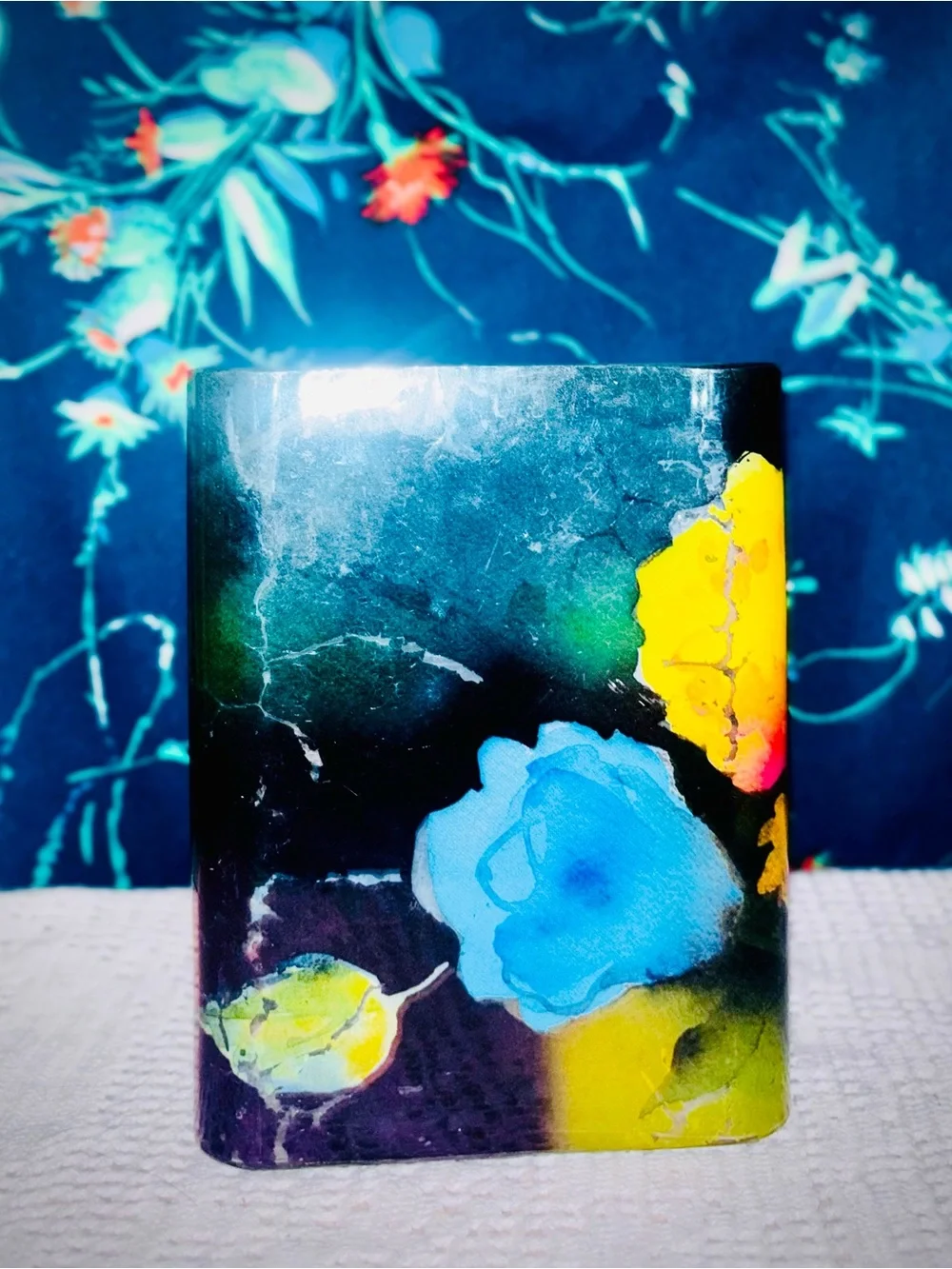 Vtg 1990s Fringe Studio Vibrant Floral Print Rectangular Glass Vase